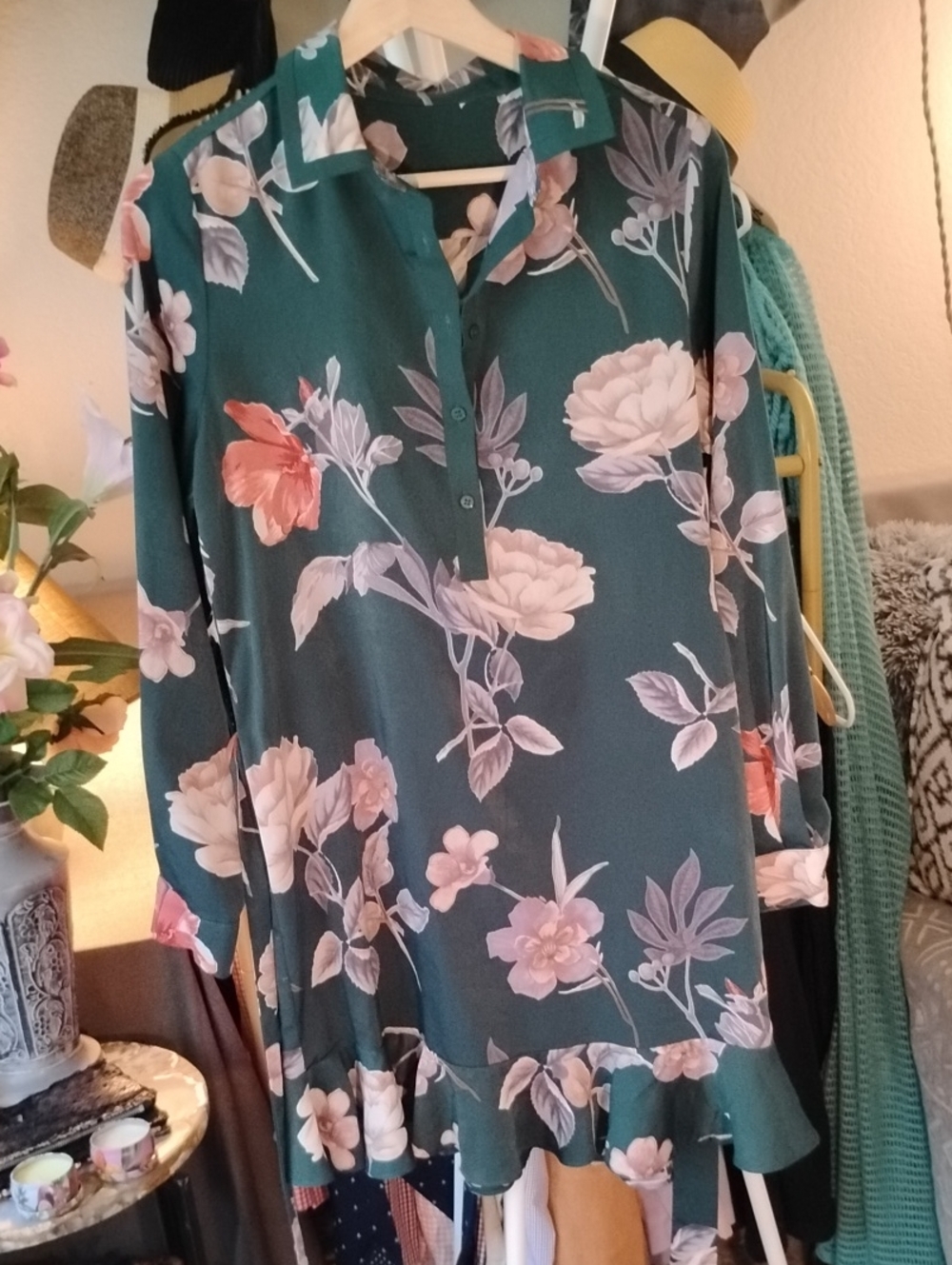 Tie-Waist Dark Green Shirt Dress With Ruffle Hem - Picture 9 of 11